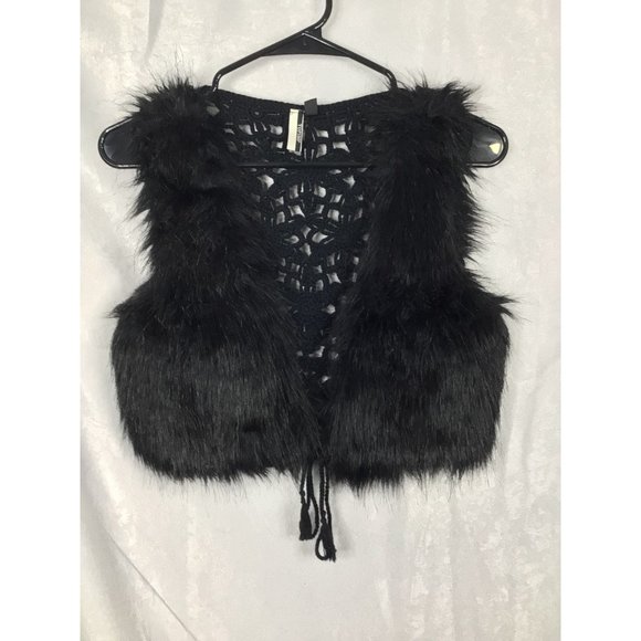 Women's Top Shop Faux Fur Open Knit Black Vest Tie Bottom Small - Picture 1 of 8